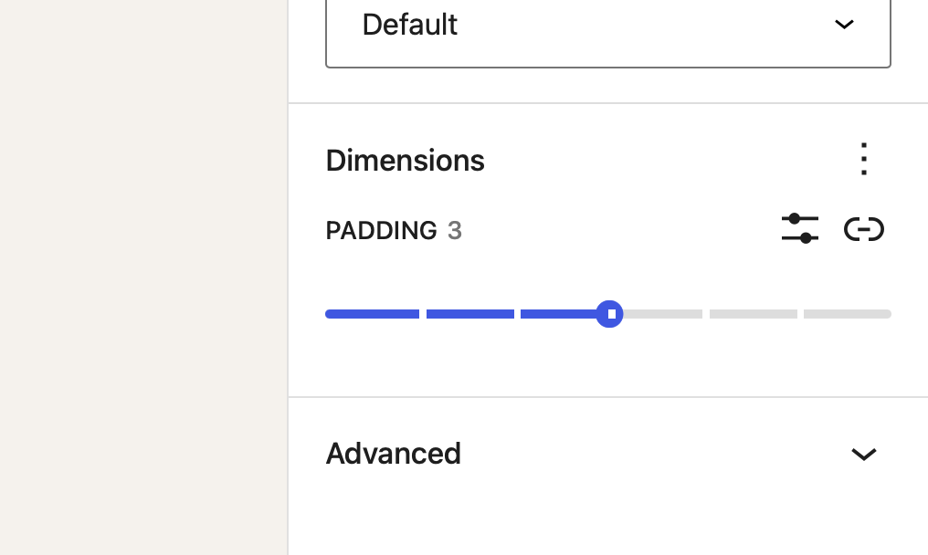 Block Editor Sidebar Dimension Panel containing a segmented slider control for setting the padding of the selected paragraph block